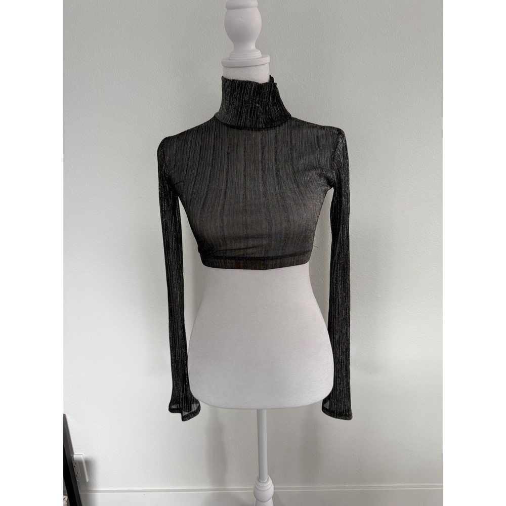 Women's The Line By K Black Metallic Long Sleeve Festival Rave Crop Top XS-S